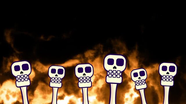 Multiple skeleton figures standing in a row surrounded by fire and flames on a dark background creating a dramatic fiery death scene