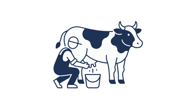 Line art illustration of a farmer milking a dairy cow into a bucket