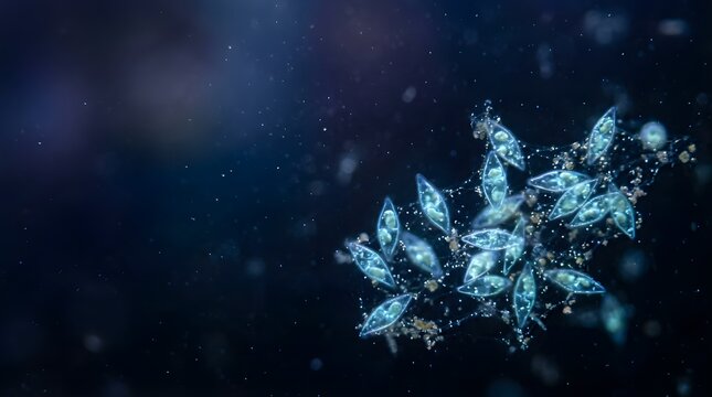 Microscopic view of diatoms floating in dark water for science research