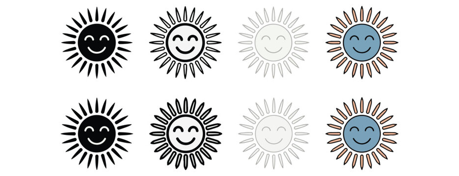 Set of smiling sun icons in different colors and styles for graphic design  various sun symbols with happy faces