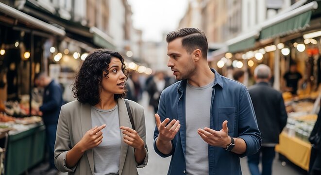 man woman are animatedly discussing something as they walk through a vibrant street market filled with stalls and shoppers.