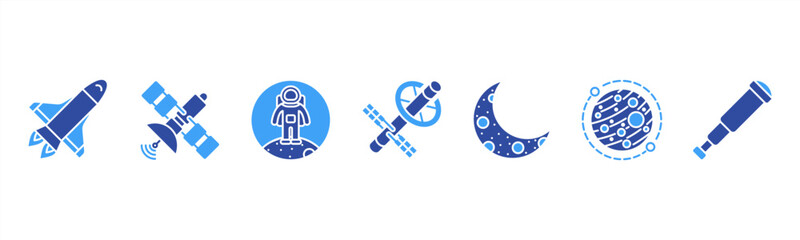Space exploration icons featuring Space Shuttle, Satellite, Astronaut, Space Station, Moon, Mars, Telescope. © Dewi Sari