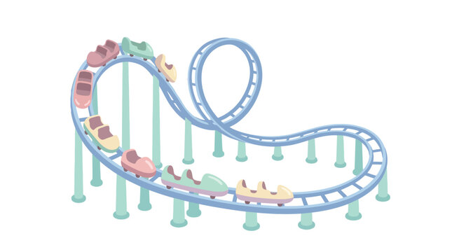 Pastel roller coaster illustration with colorful cars on a looping track isolated on white