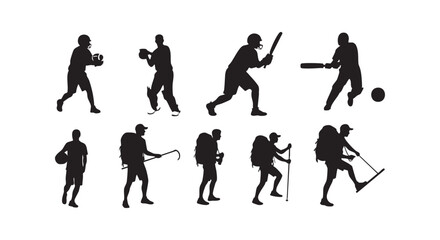 Naklejka premium Selection of black silhouettes for athletes and hikers displaying various outdoor and active field sport movements today.