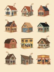 Fototapeta premium Charming Isometric Village Buildings Collection Diverse Shops, Houses, and Barns for Architectural Designs