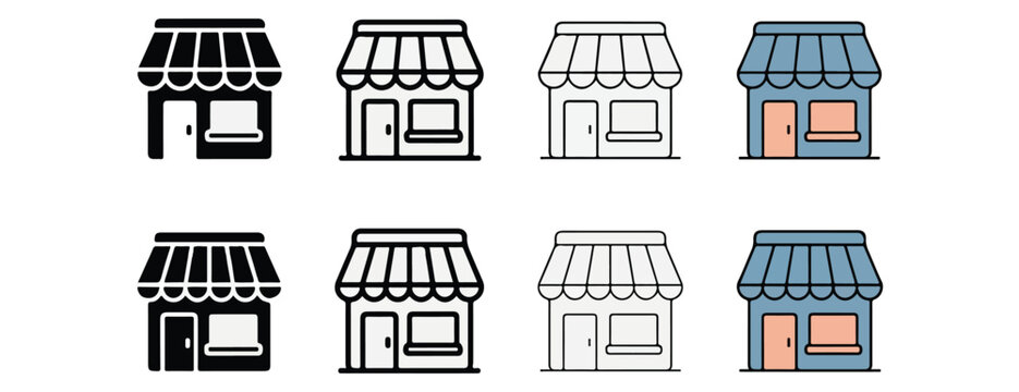 Various colored storefronts with awnings and doors  shop icons
