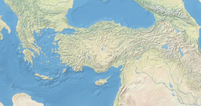 Turkey on Globe. Zoom into the country with Earth spinning on dark background. Physical world map with Turkey and label on it. Country view animation.