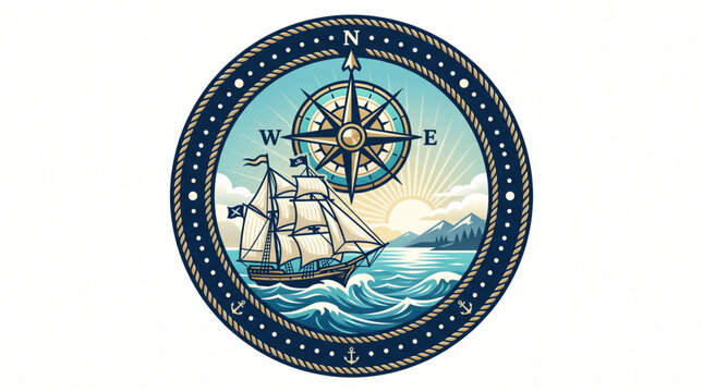 Vintage nautical emblem featuring a majestic sailing ship and compass rose over ocean waves in a circular frame