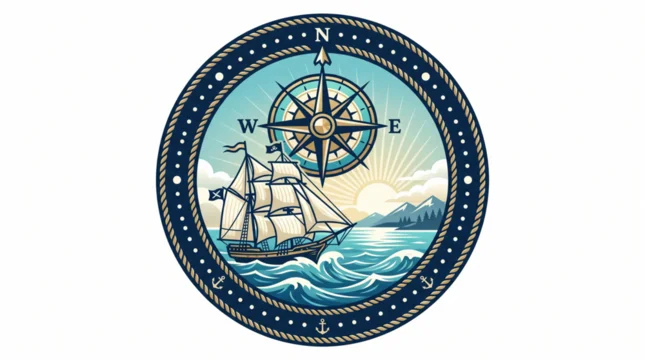 Vintage nautical emblem featuring a majestic sailing ship and compass rose over ocean waves in a circular frame