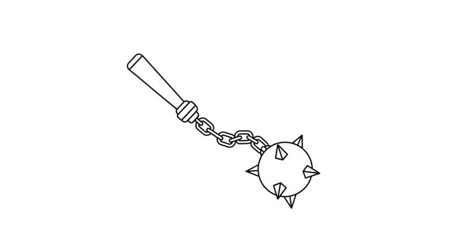Medieval spiked mace weapon, black and white line drawing