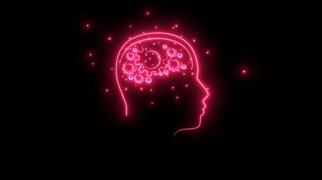 Human head with gear wheels inside. Productivity, effectiveness concept. Intelligence and knowledge development with brain performance. Gears as thoughts glowing with energy and particles.