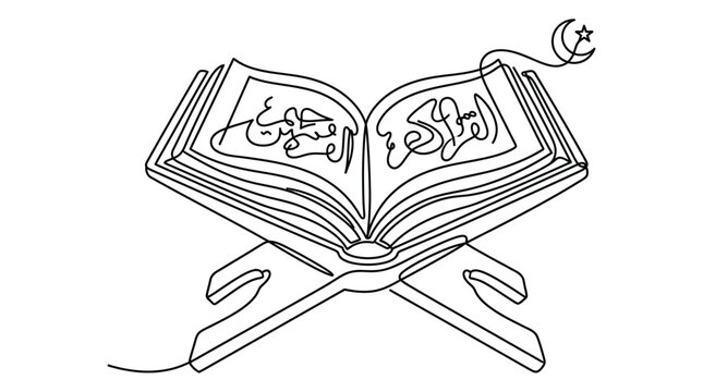 Open Quran with stand continuous line drawing on white background