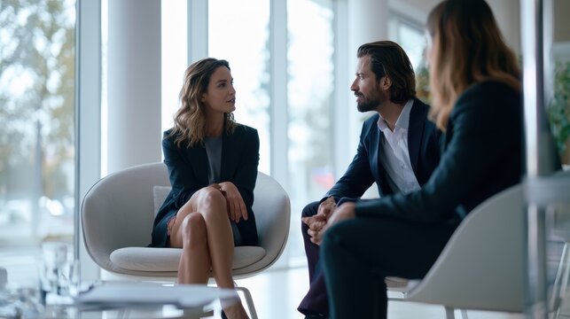 Realistic corporate meeting, two professionals sitting on the side of the frame, discussing strategy in a well-lit modern office, natural daylight, subtle tech elements, neutral white tones, high-qual