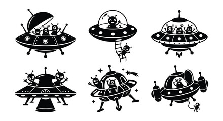 Ufo Silhouettes With Aliens Black Vector Illustration On White Background © Nayem