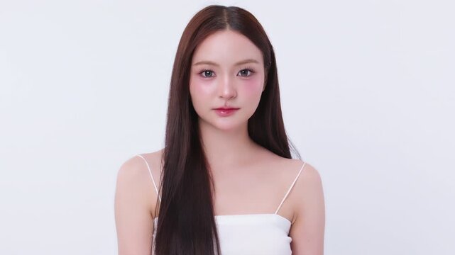 Beautiful young Asian woman with K beauty style makeup and perfect skin. Facial and skin care concept for commercial advertising.