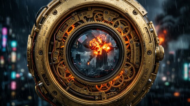Steampunk Pocket Watch: A intricate steampunk pocket watch with brass gears and glowing orange accents, reflecting a fiery urban scene in its glass face.