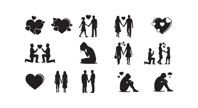 Set of black silhouettes showing romantic couple interactions with hearts for valentines day celebration and wedding concepts.