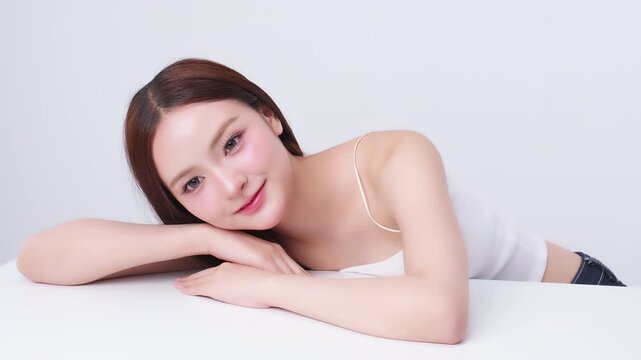 Beautiful young Asian woman with K beauty style makeup and perfect skin. Facial and skin care concept for commercial advertising.