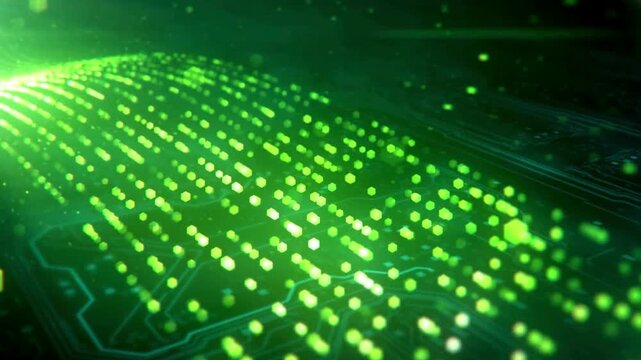 Dynamic glowing green digital data stream flows across futuristic circuit board background, representing technology and information transfer.