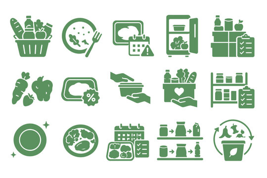 Food Loss and Food Waste Reduction Solid Icon Set