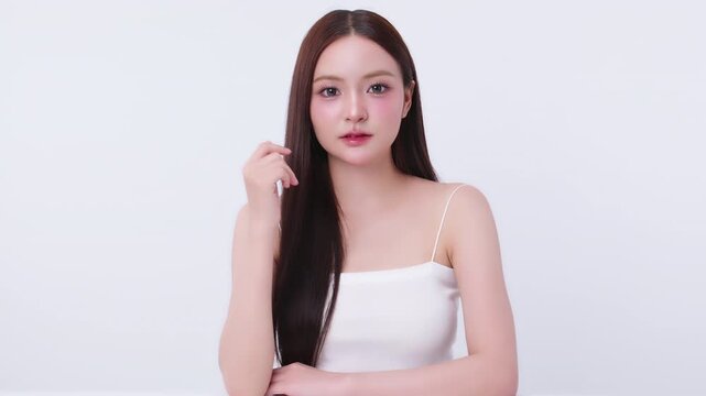 Beautiful young Asian woman with K beauty style makeup and perfect skin. Facial and skin care concept for commercial advertising.