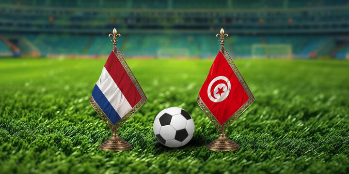 Dutch and Tunisian flags with a soccer ball on green grass  sports competition