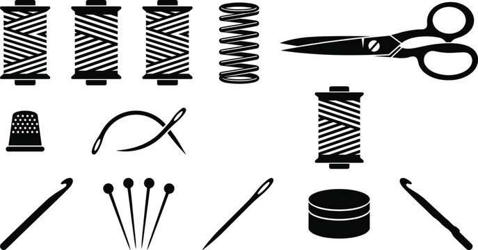 Sewing and tailoring tools black vector icon set with thread spools scissors needles thimble pins isolated on white background