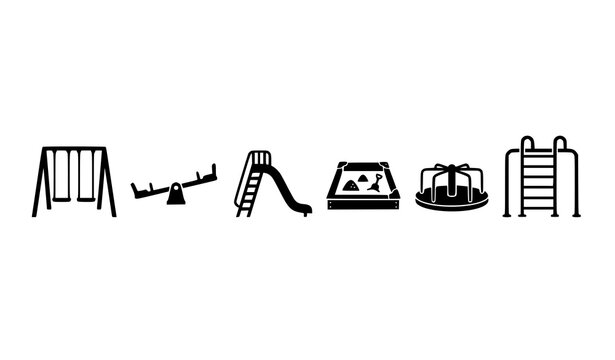 Minimal playground icons set featuring children play structures swing slide seesaw ladder sandbox and carousel black silhouette vector