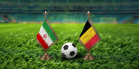 Fototapeta premium Iran and Belgium flags with soccer ball on green grass field