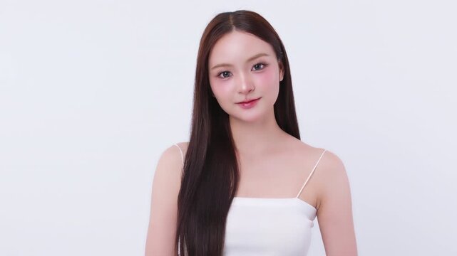 Beautiful young Asian woman with K beauty style makeup and perfect skin. Facial and skin care concept for commercial advertising.
