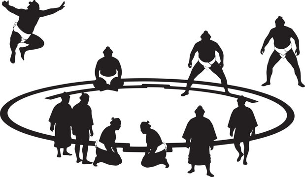 Dynamic silhouettes of powerful sumo wrestlers demonstrating various stances and traditional rituals within and around the circular ring, capturing the essence of the Japanese sport