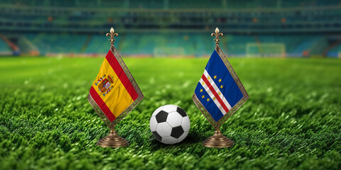 Fototapeta premium Spanish and Cape Verdean flags with soccer ball on green field