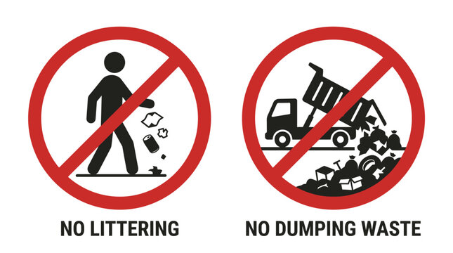 Standard red circular warning signs prohibiting littering and illegal waste dumping activities with clean graphic icons