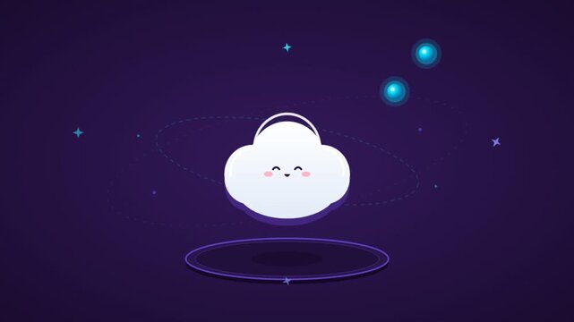 Smiling cloud character floating in space with glowing blue orbs