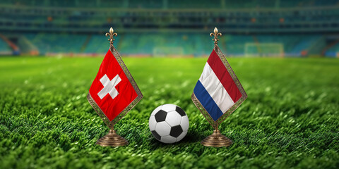 Fototapeta premium Swiss and Dutch flags with a soccer ball on green grass field