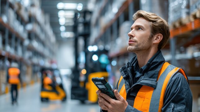 ultra-realistic photo of a modern warehouse during active work. A warehouse employee stands between tall shelving racks, focused on scanning goods with a rugged handheld data collection terminal (indu
