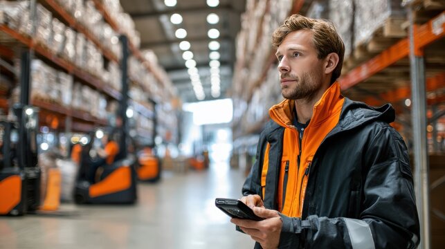 ultra-realistic photo of a modern warehouse during active work. A warehouse employee stands between tall shelving racks, focused on scanning goods with a rugged handheld data collection terminal (indu