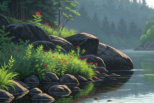 Rocky lakeshore with green wildflowers and calm forest water, landscape