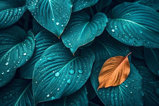 Dew drops on lush green foliage with a single golden autumn leaf, background
