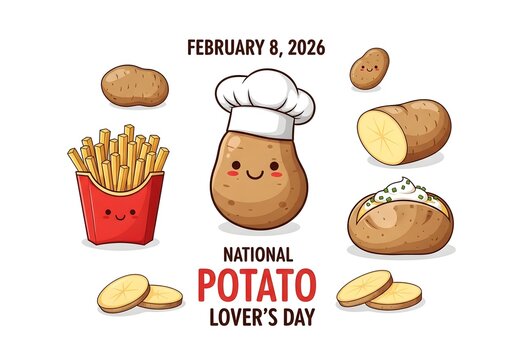 National potato lovers day celebration graphic with cute cartoon potato chef, french fries, and various potato cuts isolated on white background
