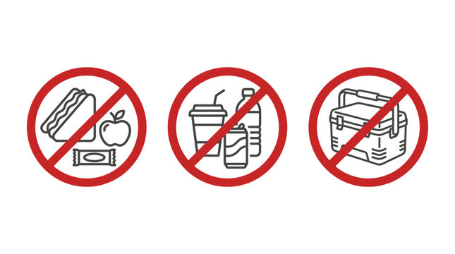 Three prohibited signs showing no food allowed no drinks permitted and no coolers allowed inside this specific public area today