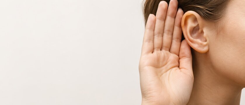 Woman Cupping Ear to Hear Better, Listening Attentively to Sound or Conversation.