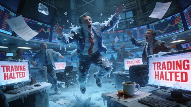 Panicked businessman frozen in midair during a sudden market crash while stock market trading screens display trading halted