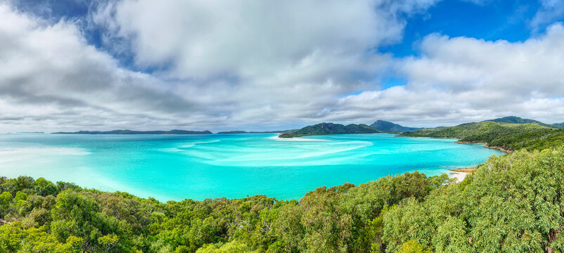 Panoramic tropical ocean photo of Hill Inlet in the Whitsundays Islands, Queensland, Australia. Underwater sand dunes and turquoise waters creates vivid ocean scene.