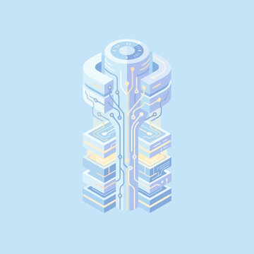 A digital server tower displays complex glowing circuit board lines
