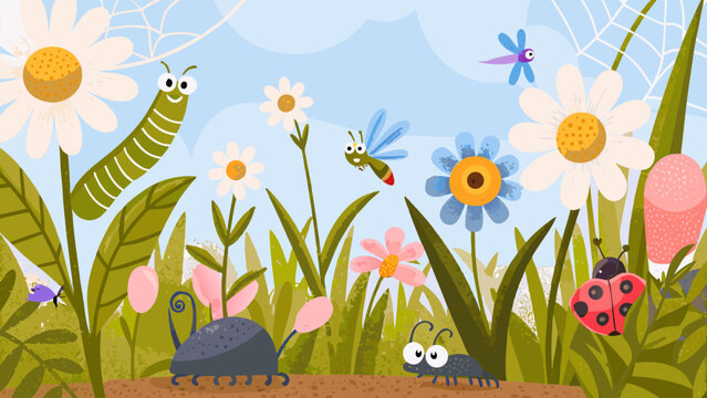 Colorful Bug Illustration With Flowers And Foliage