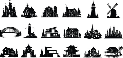 Obraz premium WebArchitecture and building icon set featuring houses, castle, barn, lighthouse, windmill, skyscrapers, and historical landmarks