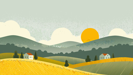 Rolling hills landscape illustration with sun and houses textured style © Sribas