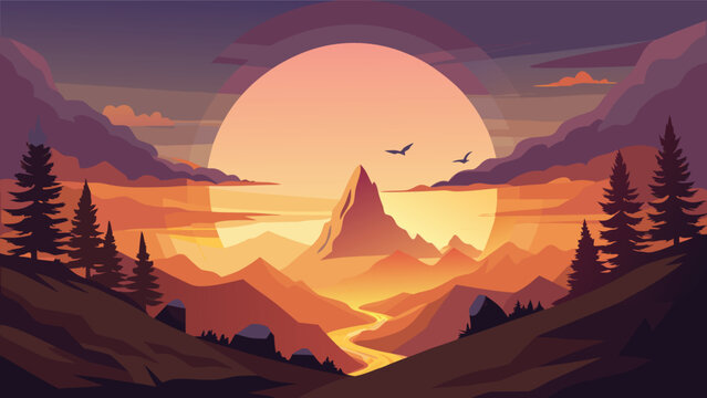 Vector mountain landscape with large sun during sunset over valley with river and pine trees