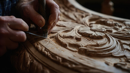 Fototapeta premium Closeup of skilled hands carving intricate wooden floral design with chisel
